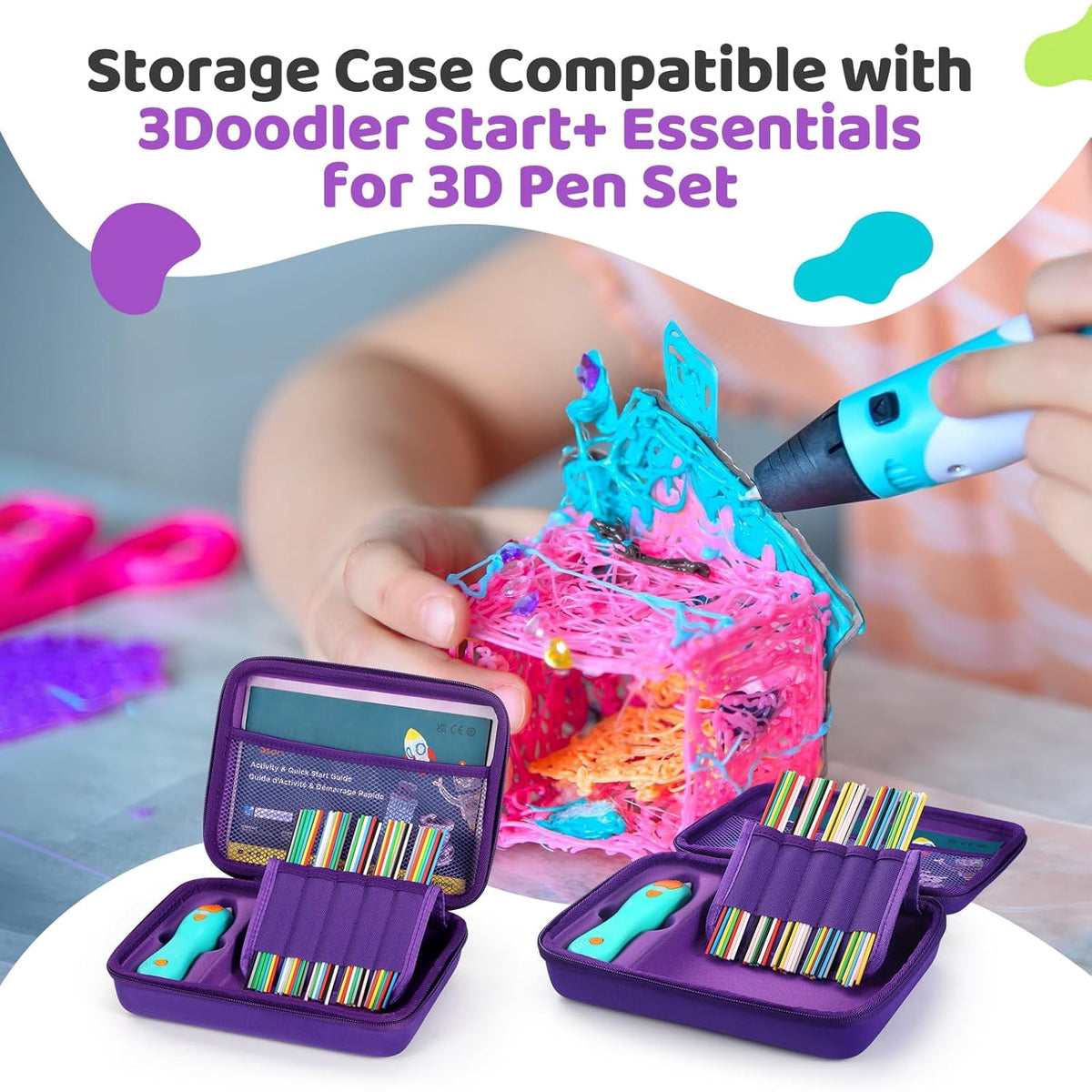 Hard Case Compatible with 3Doodler Start+ Essentials (2023) for 3D Pen Set for Kids, Art Activity Set Carrier Case for Printing Filament Refill and USB Charger,Blue (Box Only)