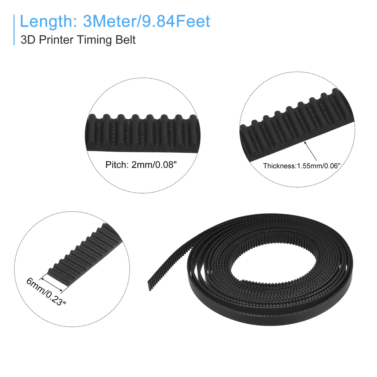 Uxcell Black Timing Belt 3 Meter Circumference 6mm Width Opening Fit Synchronous Pulley Wheel for 3D Printer