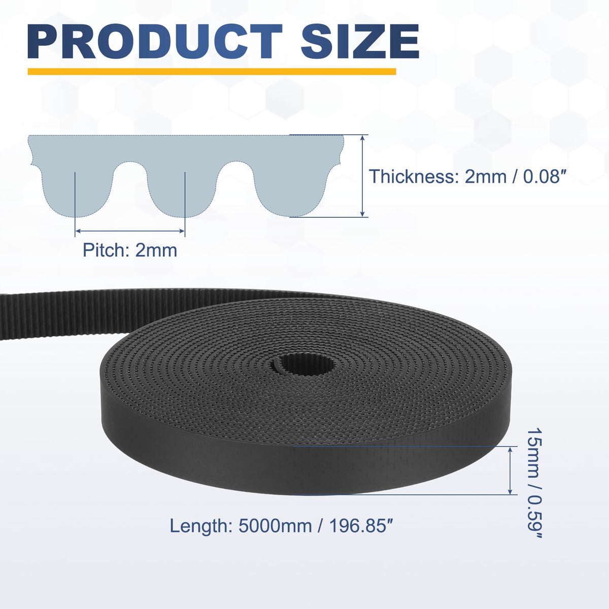 Uxcell PU Steel Cord 2GT Timing Belt Black Cloth Teeth 15x5000mm 2mm Pitch 2mm Thick White Open Loop Pulley Timing Belt for 3D Printer