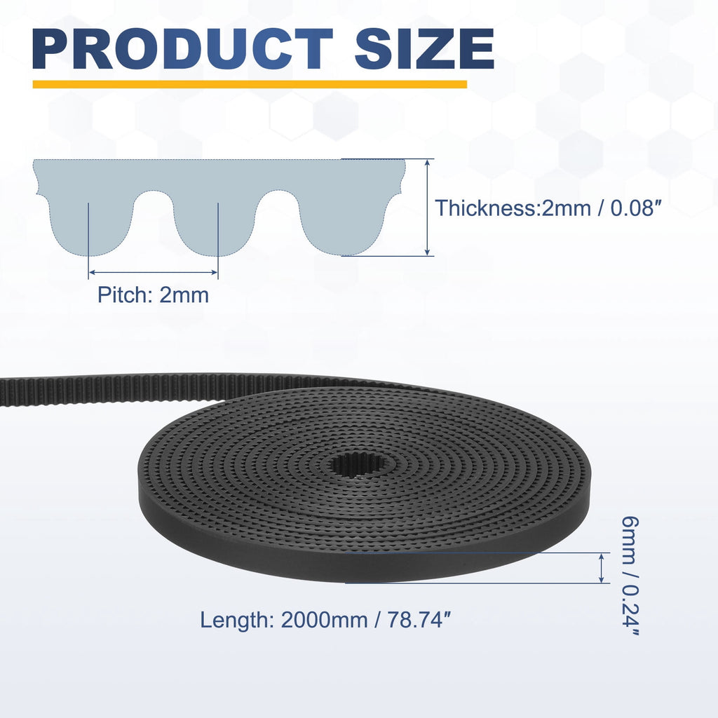Uxcell Polyurethane PU Fiber Cord 2GT Timing Belt 6x2000mm 2mm Pitch 2mm Thick Black Open Loop Pulley Timing Belt for 3D Printer