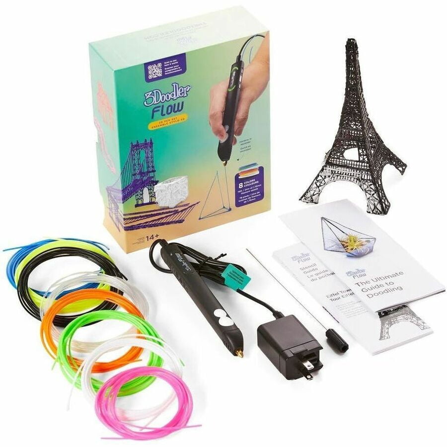 3Doodler Flow 3D Printing Pen for Teens, Adults & Creators! - Black - with Free Refill Filaments + Stencil Book + Getting Started Guide