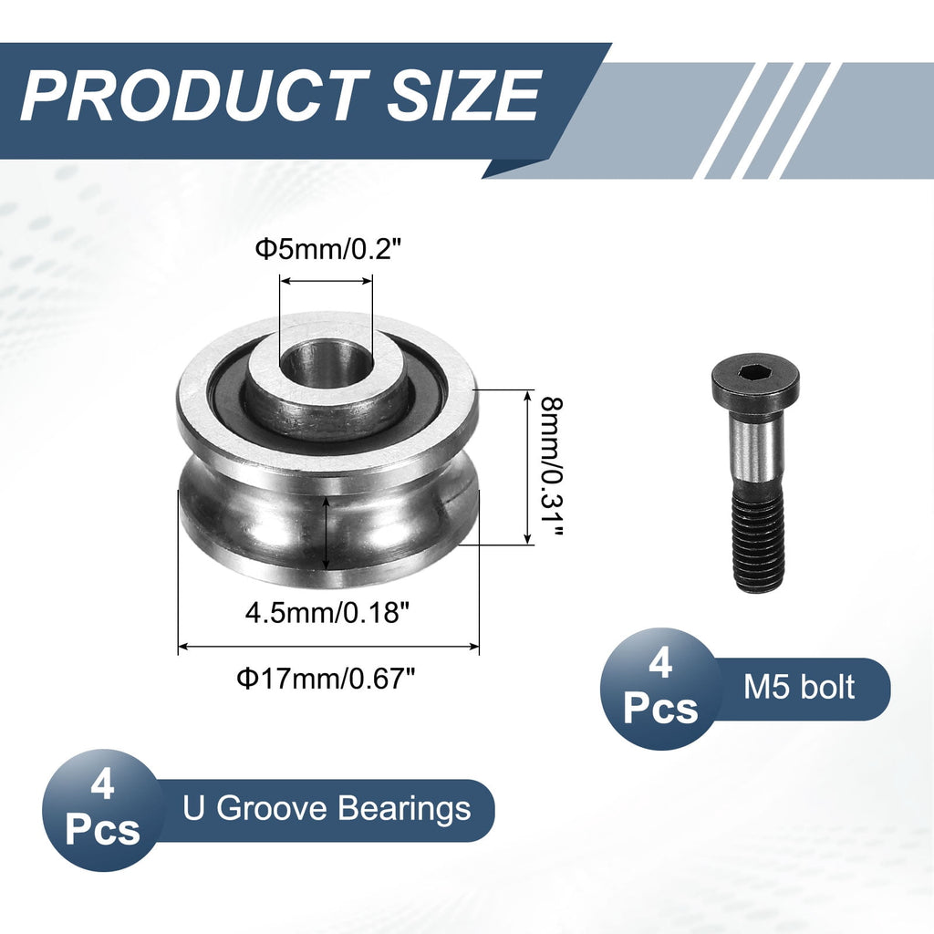Uxcell 4 Pcs U Groove Bearings, 5x16x8mm Rail Ball Bearings Groove Guide Pulley Bearing Steel Replacement for Rail Track Linear Motion System Printing Project ABEC1
