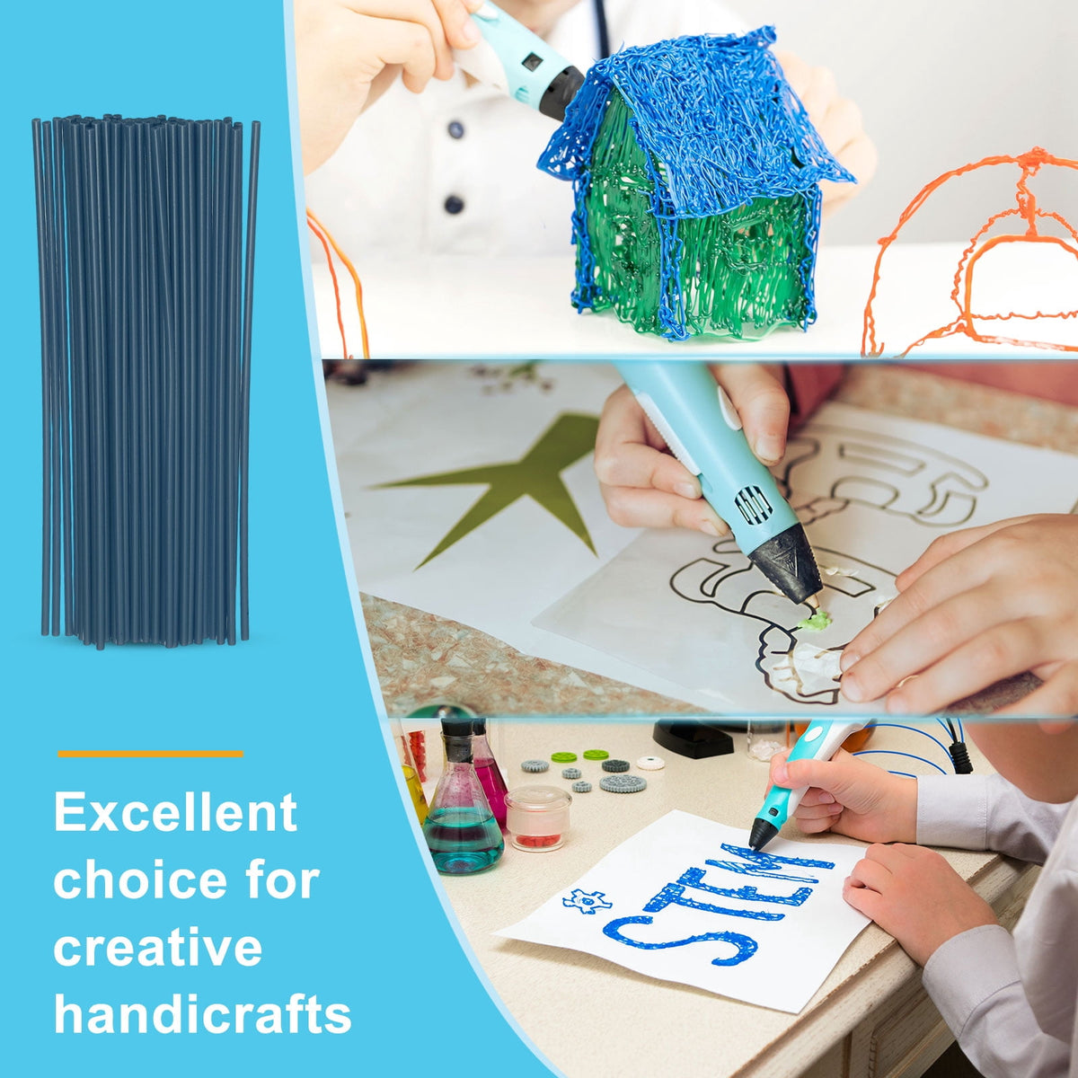 Uxcell 50 Pcs 3D Pen Refills, Low Print Temperature Filament 2.5mm x 15cm PCL Printer Filament Refill Packs, Only Support for 3D Pen, Dark Blue