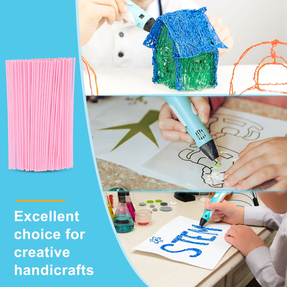 Uxcell 100 Pcs 3D Pen Refills, Low Print Temperature Filament 2.5mm x 15cm PCL Printer Filament Refill Packs, Only Support for 3D Pen, Pink