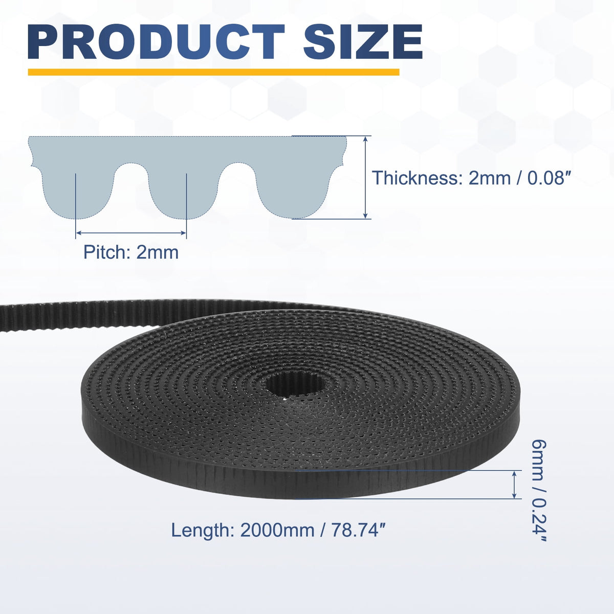Uxcell PU Steel Cord 2GT Timing Belt Black Cloth Teeth 6x2000mm 2mm Pitch 2mm Thick White Open Loop Pulley Timing Belt for 3D Printer