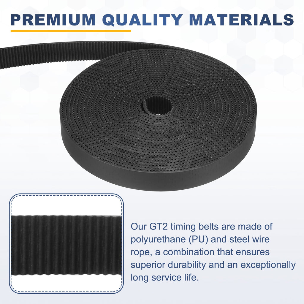 Uxcell PU Steel Cord 2GT Timing Belt Black Cloth Teeth 15x5000mm 2mm Pitch 2mm Thick White Open Loop Pulley Timing Belt for 3D Printer