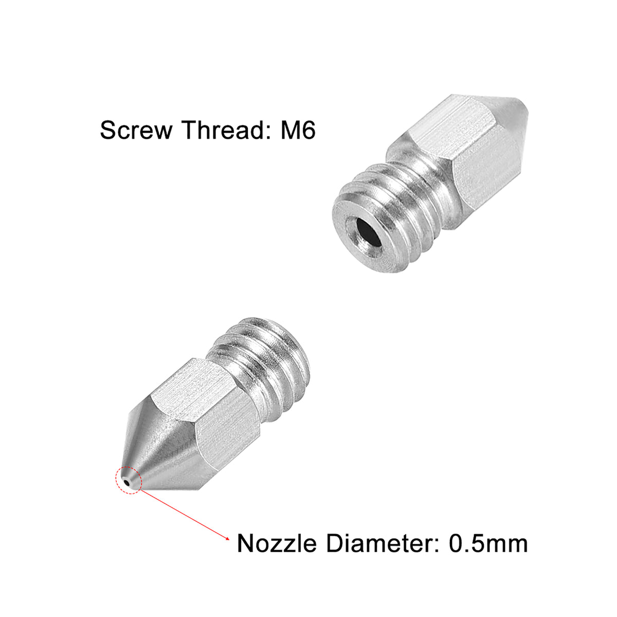 0.5mm 3D Printer Nozzle, Fit for MK8 Extruder Head, for 1.75mm Filament Stainless Steel 2pcs