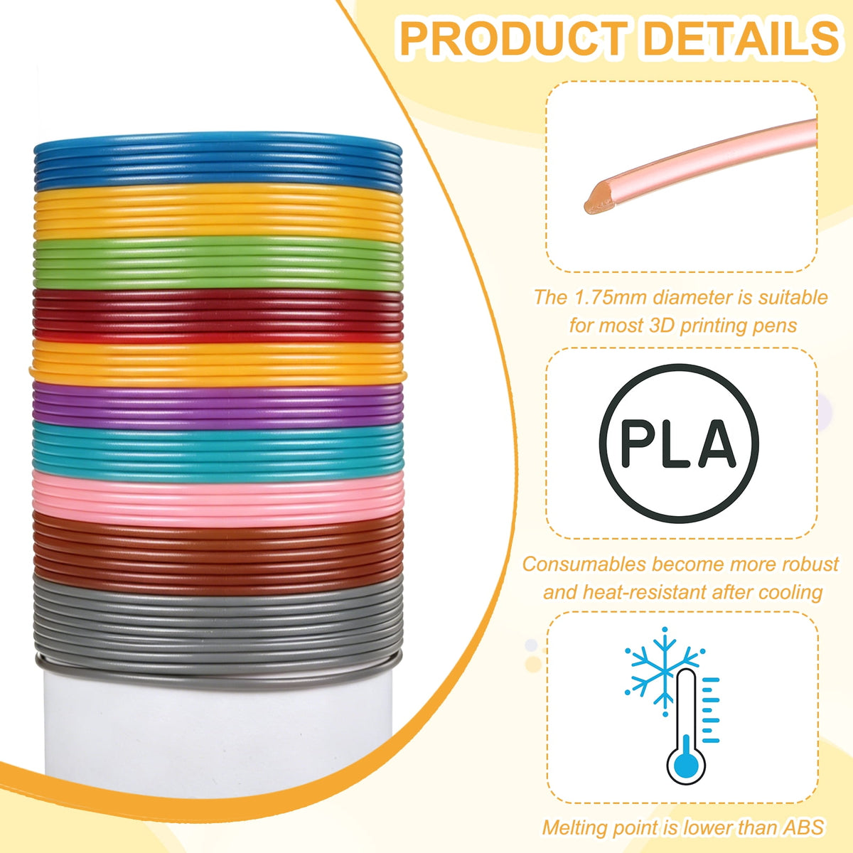 Uxcell 3D Pen Filament 3Pcs 1.75mm Total Length 196.8 Feet Transparent Orange PLA, 3D Pen Filament Refills Low Warping, for Creating Pictures Printed Model Printing Pen
