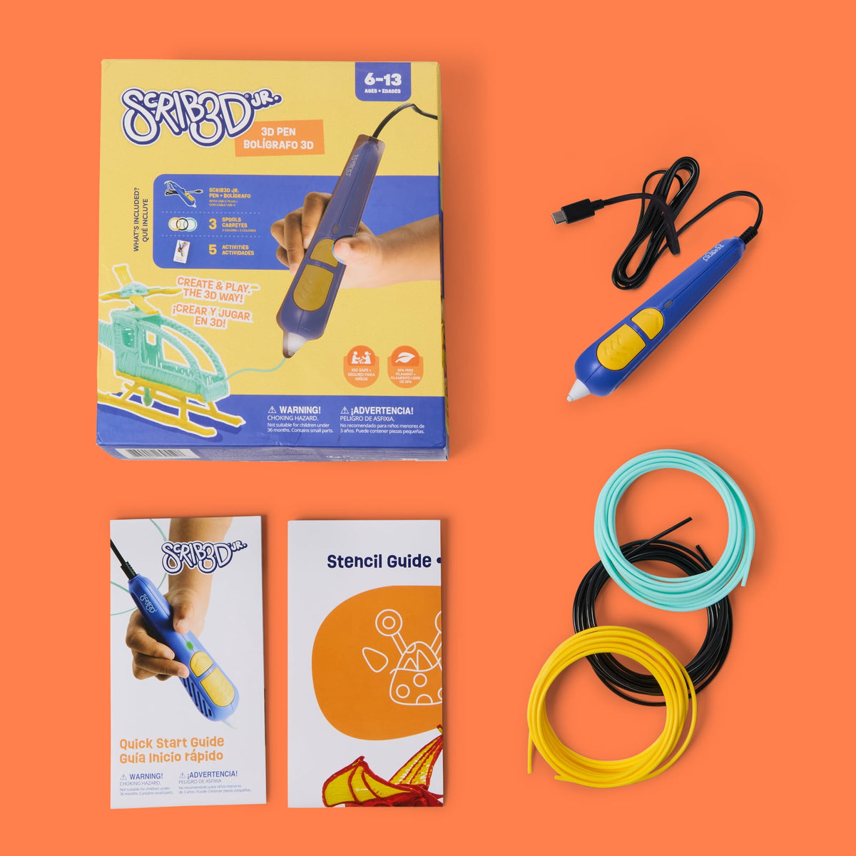 SCRIB3D Junior 3D Printing Pen Filament Refills, 2.5 mm PCL, BPA-Free & Non-Toxic, 10 Colors, 10 Spools (9.8 ft Each)
