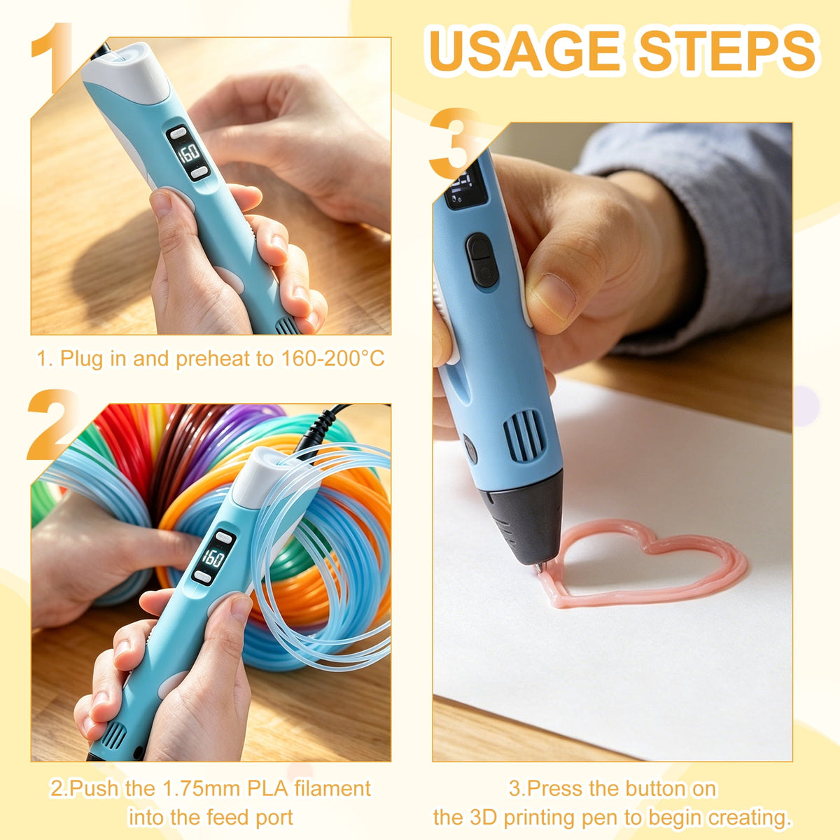 Uxcell 3D Pen Filament 3Pcs 1.75mm Total Length 196.8 Feet Yellow PLA, 3D Pen Filament Refills Low Warping, for Creating Pictures Printed Model Printing Pen