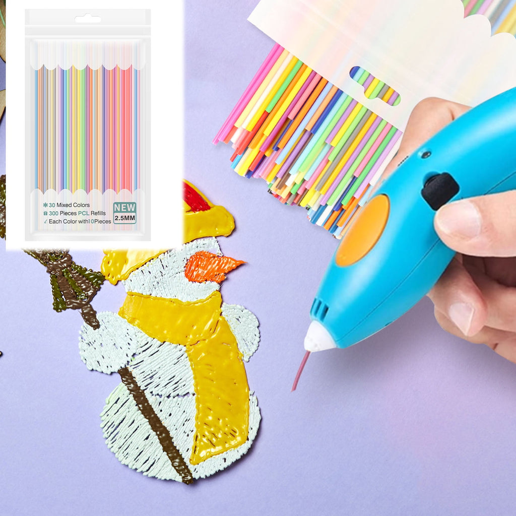 Tmwefusc 300 Pcs 2.5mm 3D Pen PCL Refill Assorted Color Resealable 3D Printer Filament Refill for Kid