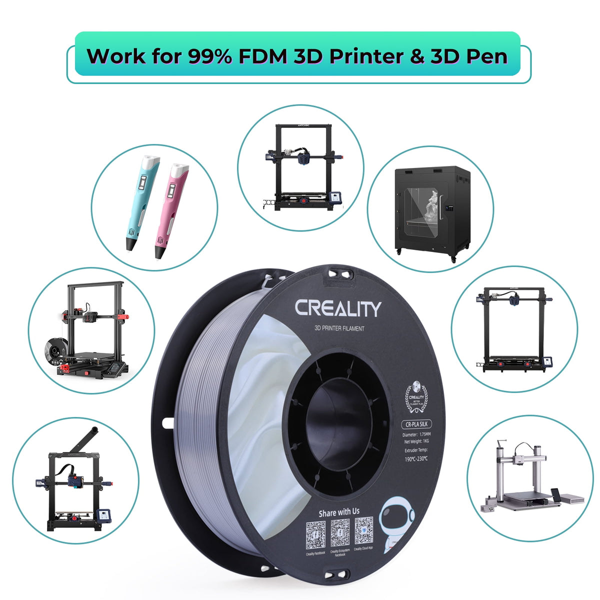 Creality 3D Printing Silk PLA Filament 3D Printer Gold Silver Shiny Filaments 1.75mm Neatly Wound Dimensional Accuracy +/- 0.03 mm Silk Smooth Printing 2.2lbs for Most 3D Printers
