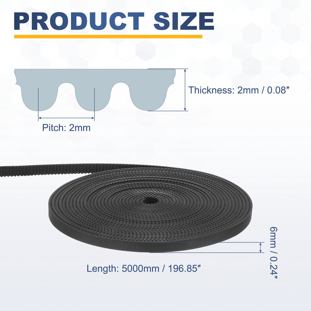 Uxcell Polyurethane PU Steel Cord 2GT Timing Belt 6x5000mm2mm Pitch 2mm Thick Black Open Loop Pulley Timing Belt for 3D Printer