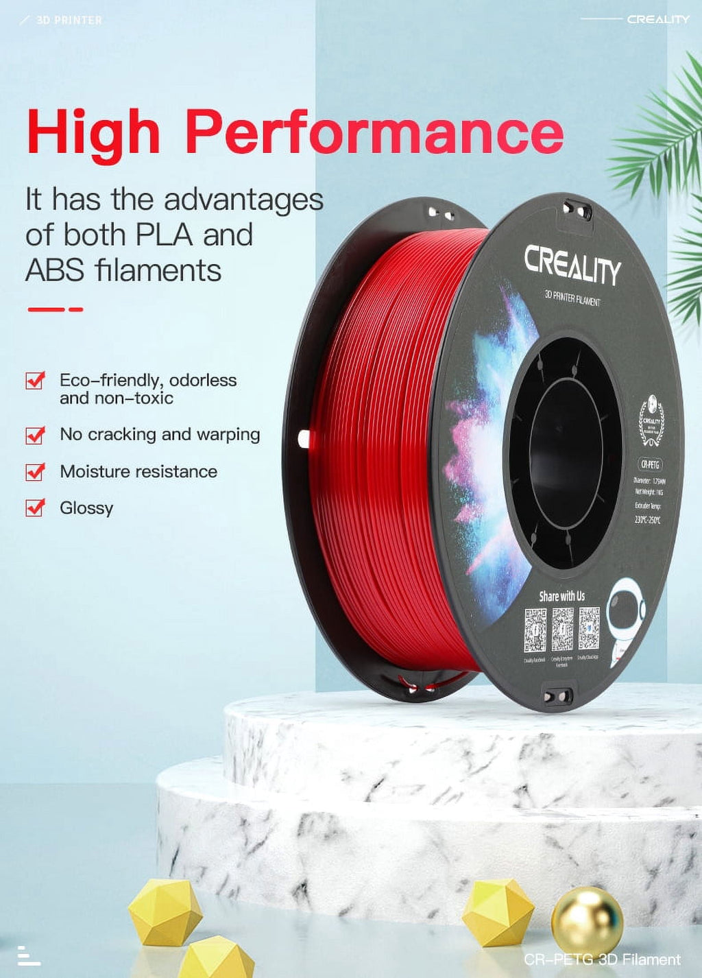 Creality 3D Printer Filament PETG Filament 1.75mm 2.2lbs Odorless Non-Toxic High Precision Strong Toughness Overhang Performance Accuracy +/-0.02mm, Transparent
