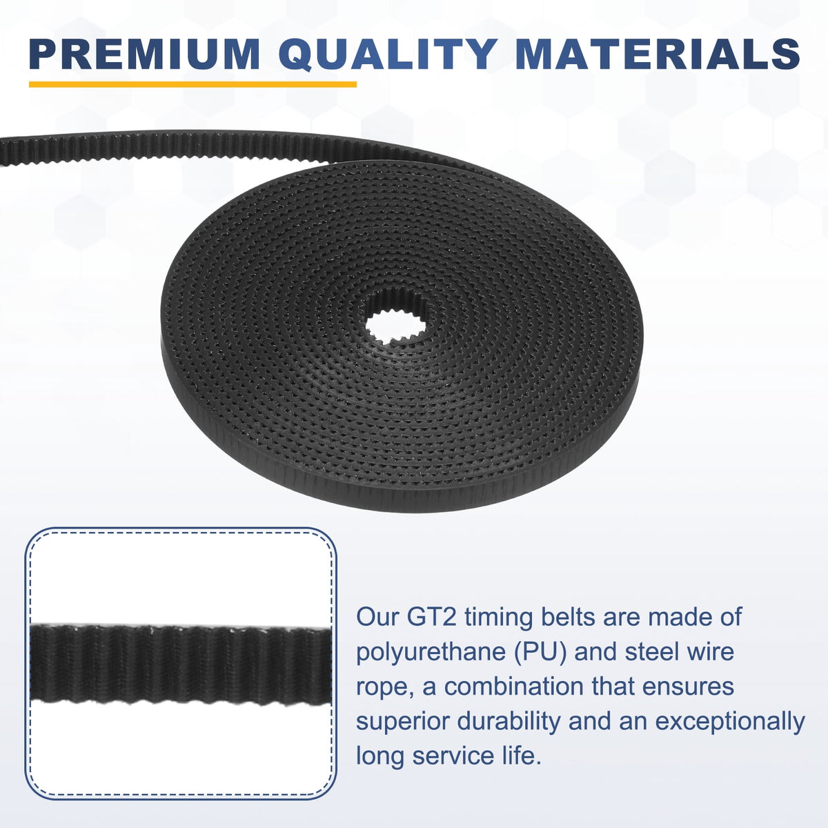 Uxcell PU Steel Cord 2GT Timing Belt Black Cloth Teeth 6x2000mm 2mm Pitch 2mm Thick White Open Loop Pulley Timing Belt for 3D Printer