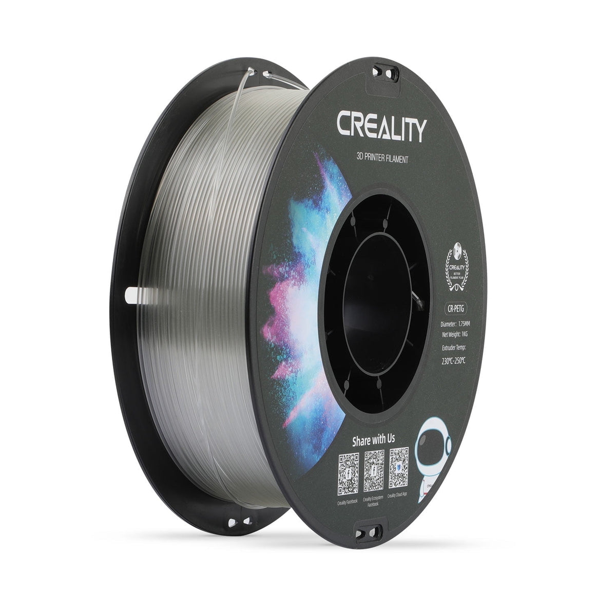 Creality 3D Printer Filament PETG Filament 1.75mm 2.2lbs Odorless Non-Toxic High Precision Strong Toughness Overhang Performance Accuracy +/-0.02mm, Transparent