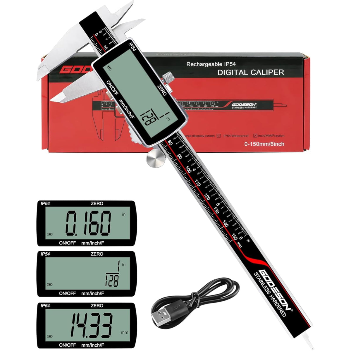 Digital Caliper, Rechargeable Digital Micrometer-IP54 Waterproof, Stainless Steel & Large LCD Screen Caliper Measuring Tool-Inch/Metric/Fraction,6" Calipers-Auto Off for Pros & DIYers