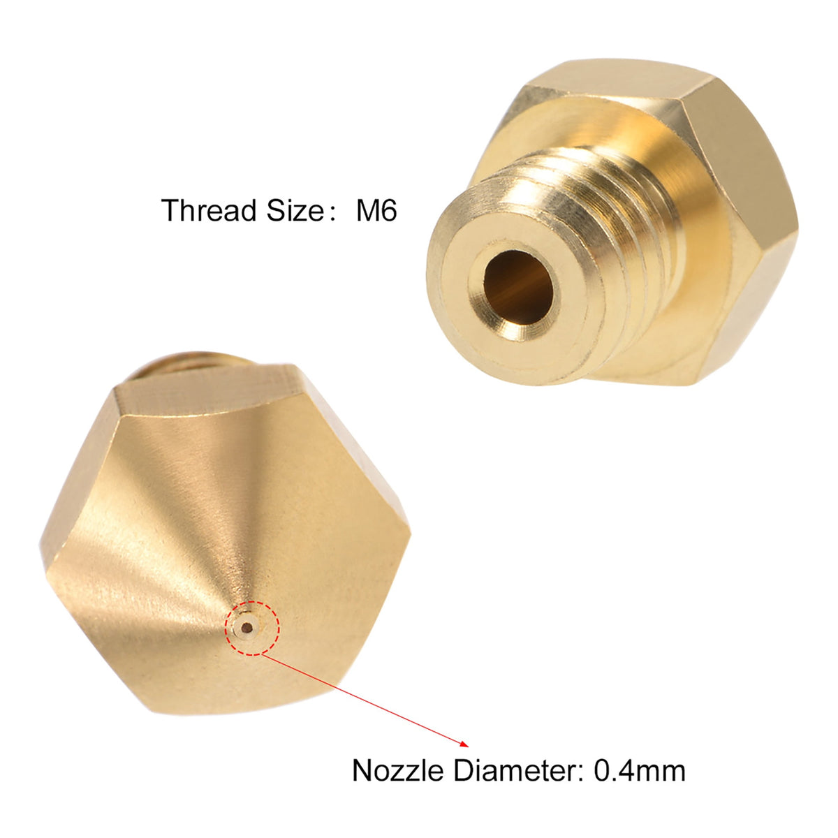 0.6mm 3D Printer Nozzle Head M6 Thread for MK8 1.75mm Extruder Print, Brass 5pcs