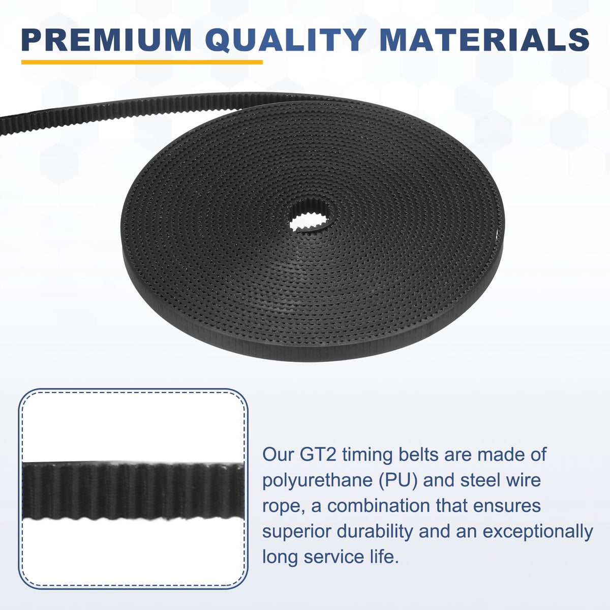 Uxcell PU Steel Cord 2GT Timing Belt Black Cloth Teeth 6x5000mm 2mm Pitch 2mm Thick White Open Loop Pulley Timing Belt for 3D Printer
