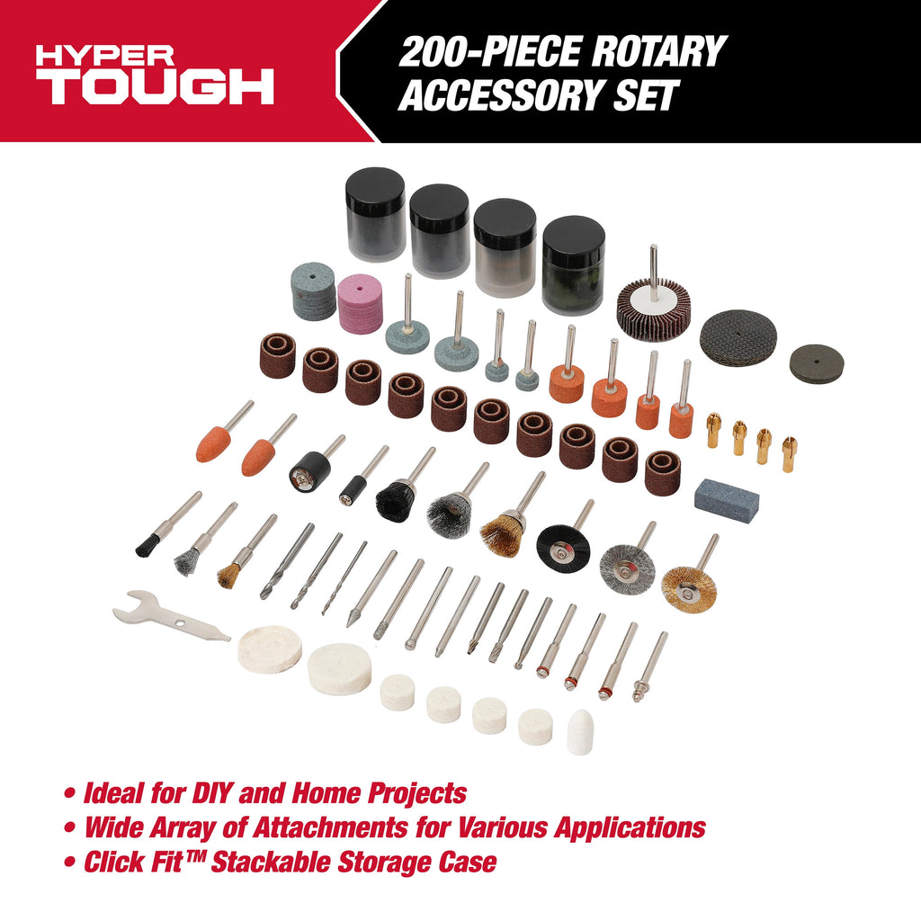 Hyper Tough 200-Piece Universal Rotary Accessory Kit in Click Fit Case