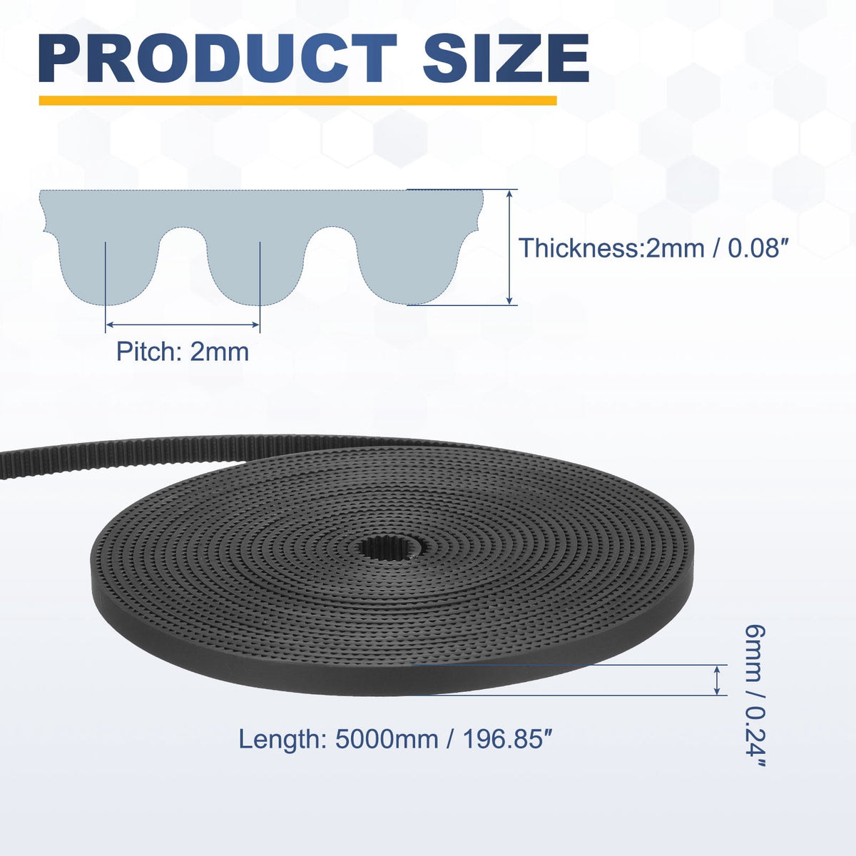 Uxcell Polyurethane PU Fiber Cord 2GT Timing Belt 6x5000mm 2mm Pitch 2mm Thick Black Open Loop Pulley Timing Belt for 3D Printer