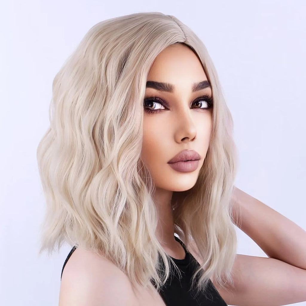 RightOn Blonde Wig for Women Short Curly Wavy Bob Wig Light Blonde Wig Synthetic Wigs with Wig Cap