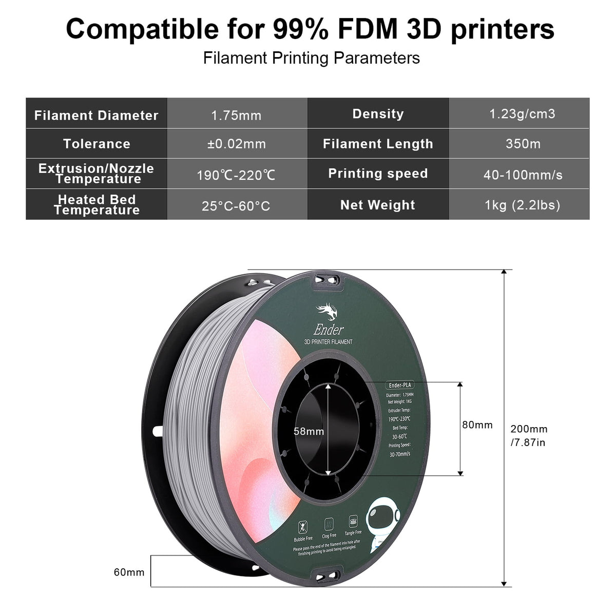 Creality Toughness PLA Filament 1.75mm Grey 1KG 3D Printer Filament