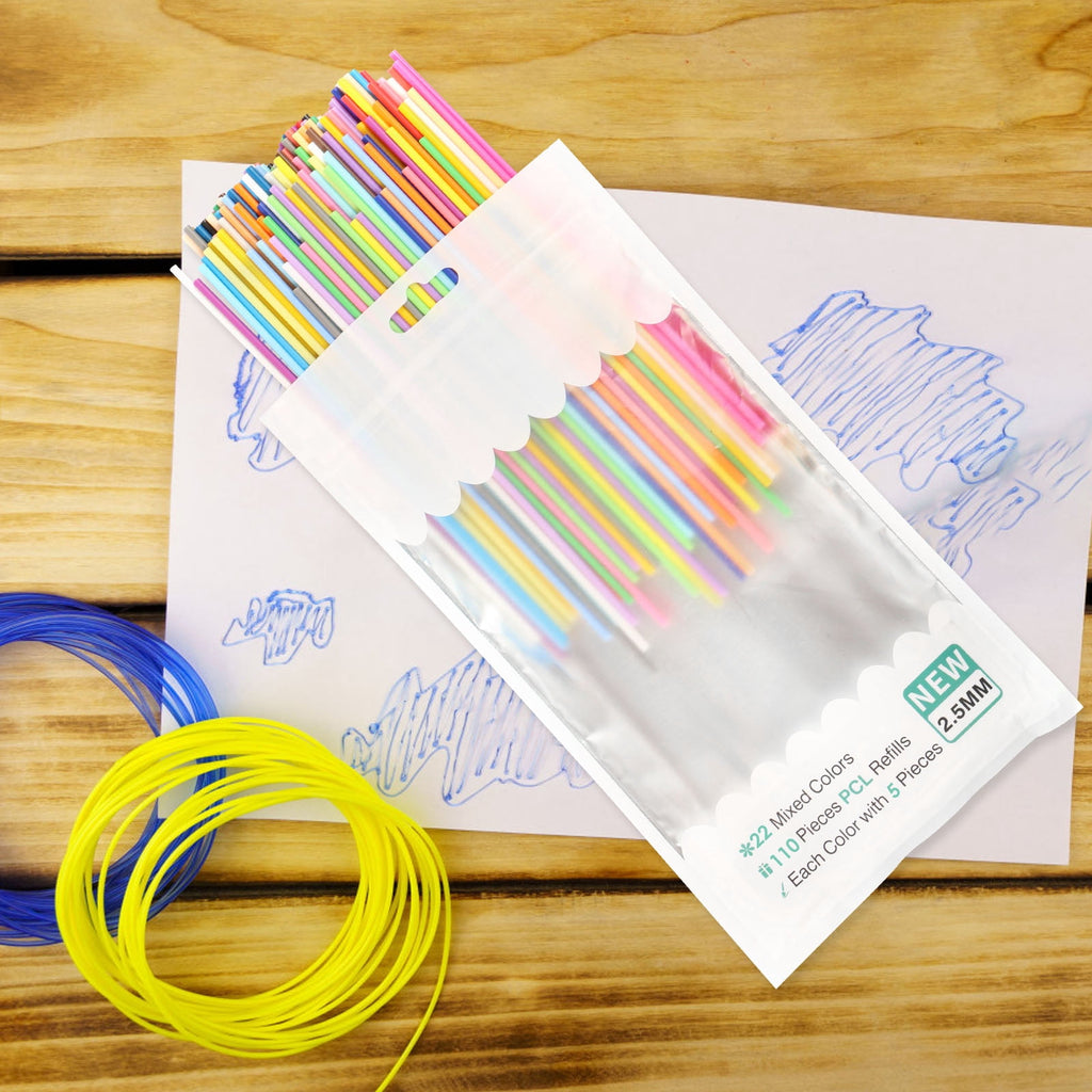 Tmwefusc 300 Pcs 2.5mm 3D Pen PCL Refill Assorted Color Resealable 3D Printer Filament Refill for Kid