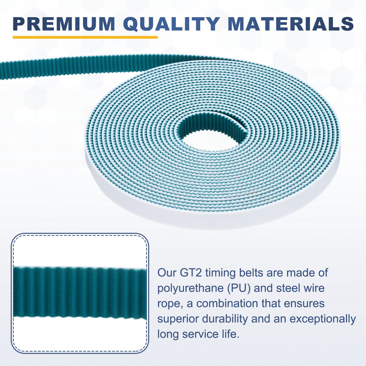 Uxcell PU Steel Cord 2GT Timing Belt Green Cloth Teeth 10x5000mm 2mm Pitch 2mm Thick White Open Loop Pulley Timing Belt for 3D Printer