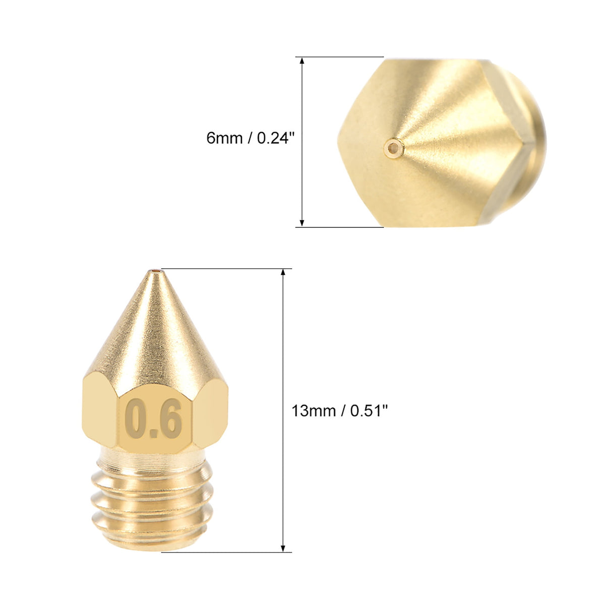 0.6mm 3D Printer Nozzle Head M6 Thread for MK8 1.75mm Extruder Print, Brass 5pcs
