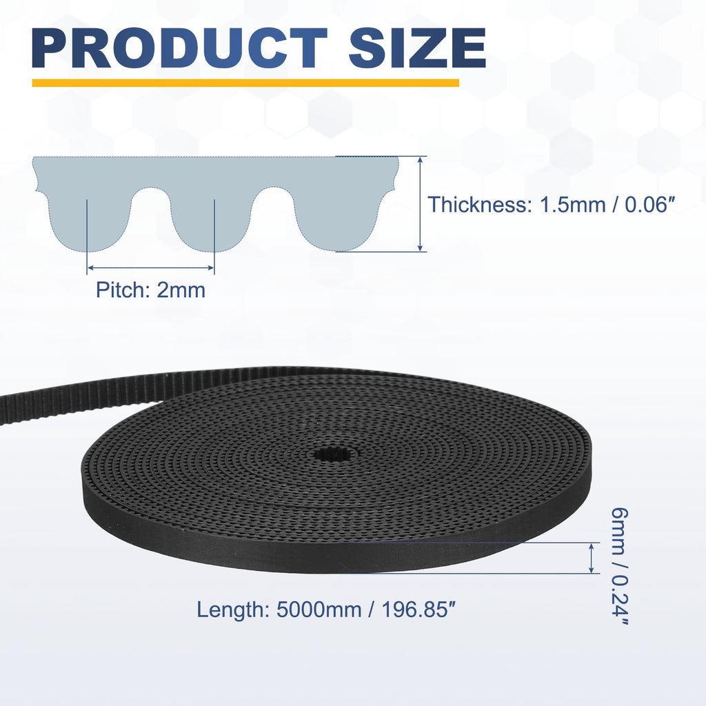 Uxcell Rubber 2GT Timing Belt 6x5000mm 2mm Pitch 1.5mm Thick Black Open Loop Pulley Timing Belt for 3D Printer