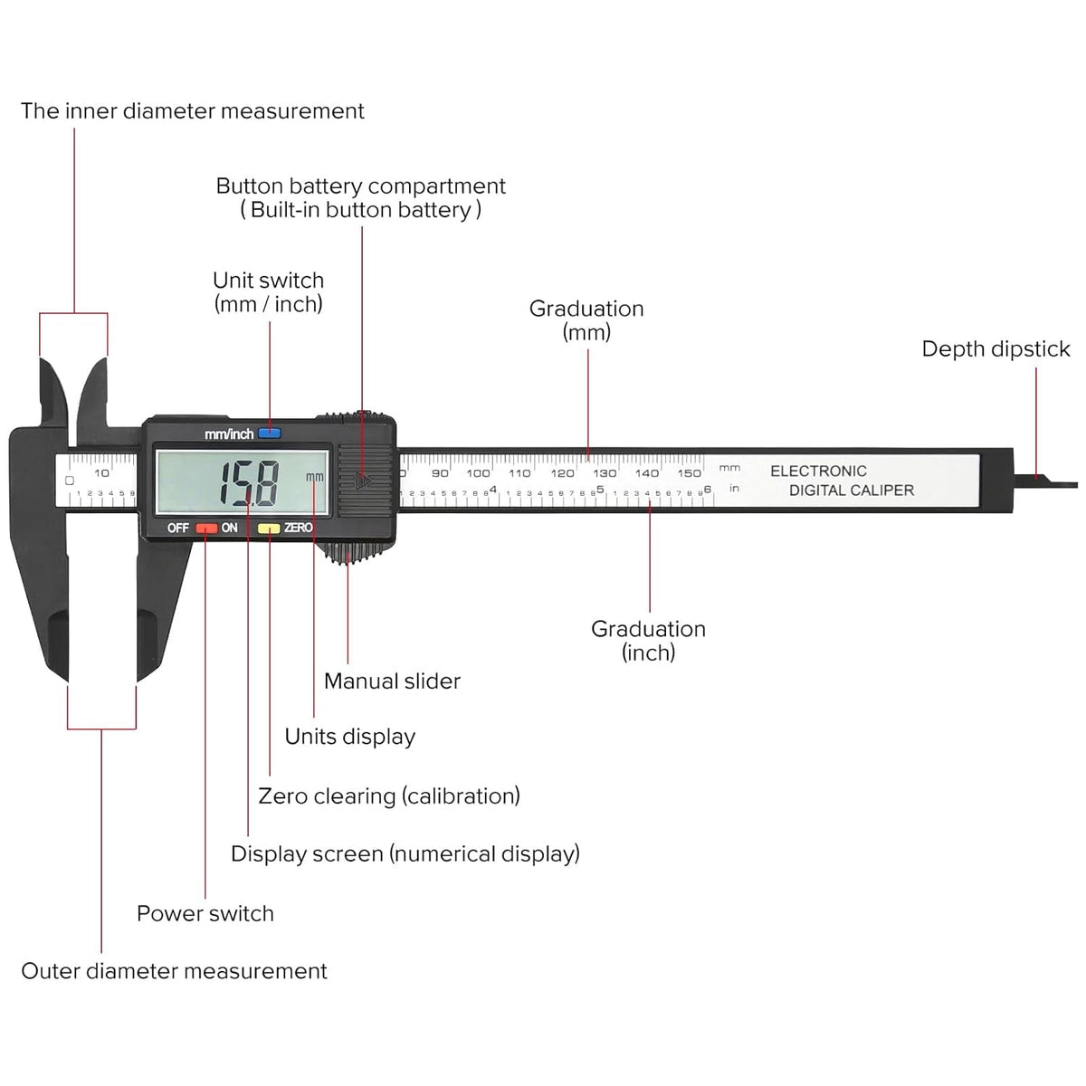 KASIU Electronic Digital Caliper,Plastic Vernier Caliper,Caliper Measuring Tool with "/Millimeter Conversion,Extra Large Lcd Screen,0-6 "/0-150 Mm,Auto Off Featured Micrometer Ruler