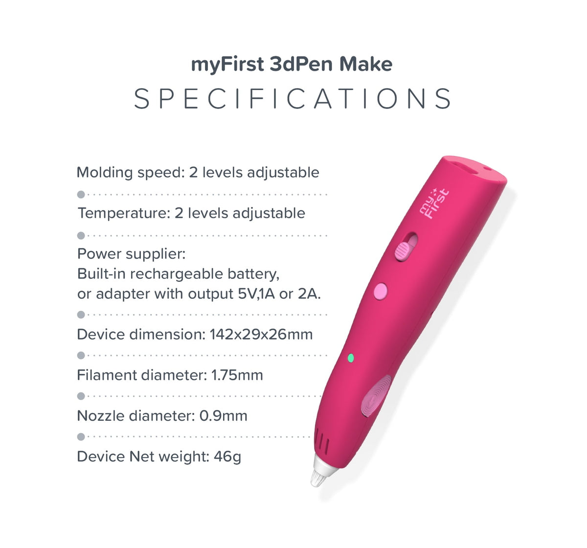 myFirst 3D Pen Make (Red) Starter Kit-Wireless, Rechargeable, 6 PCL Filaments (Ages 5-15)