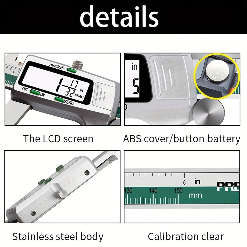 Green Stainless Steel Digital Caliper, 6-Inch Vernier Caliper with LCD Display & Auto-Off for Precision Measurement