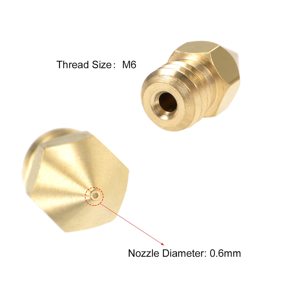 0.6mm 3D Printer Nozzle Head M6 Thread for MK8 1.75mm Extruder Print, Brass 5pcs