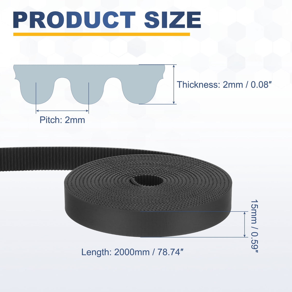 Uxcell PU Steel Cord 2GT Timing Belt Black Cloth Teeth 15x2000mm 2mm Pitch 2mm Thick White Open Loop Pulley Timing Belt for 3D Printer