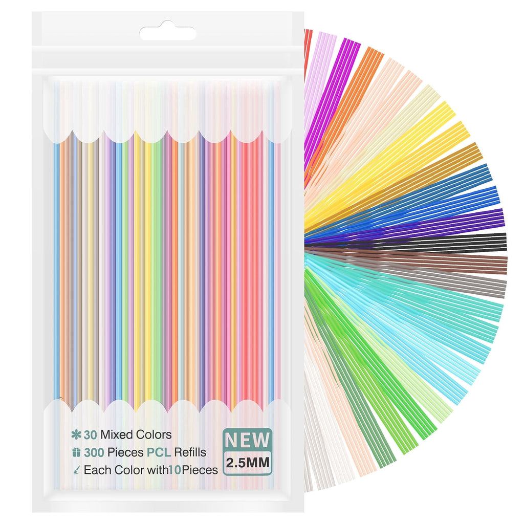Tmwefusc 300 Pcs 2.5mm 3D Pen PCL Refill Assorted Color Resealable 3D Printer Filament Refill for Kid