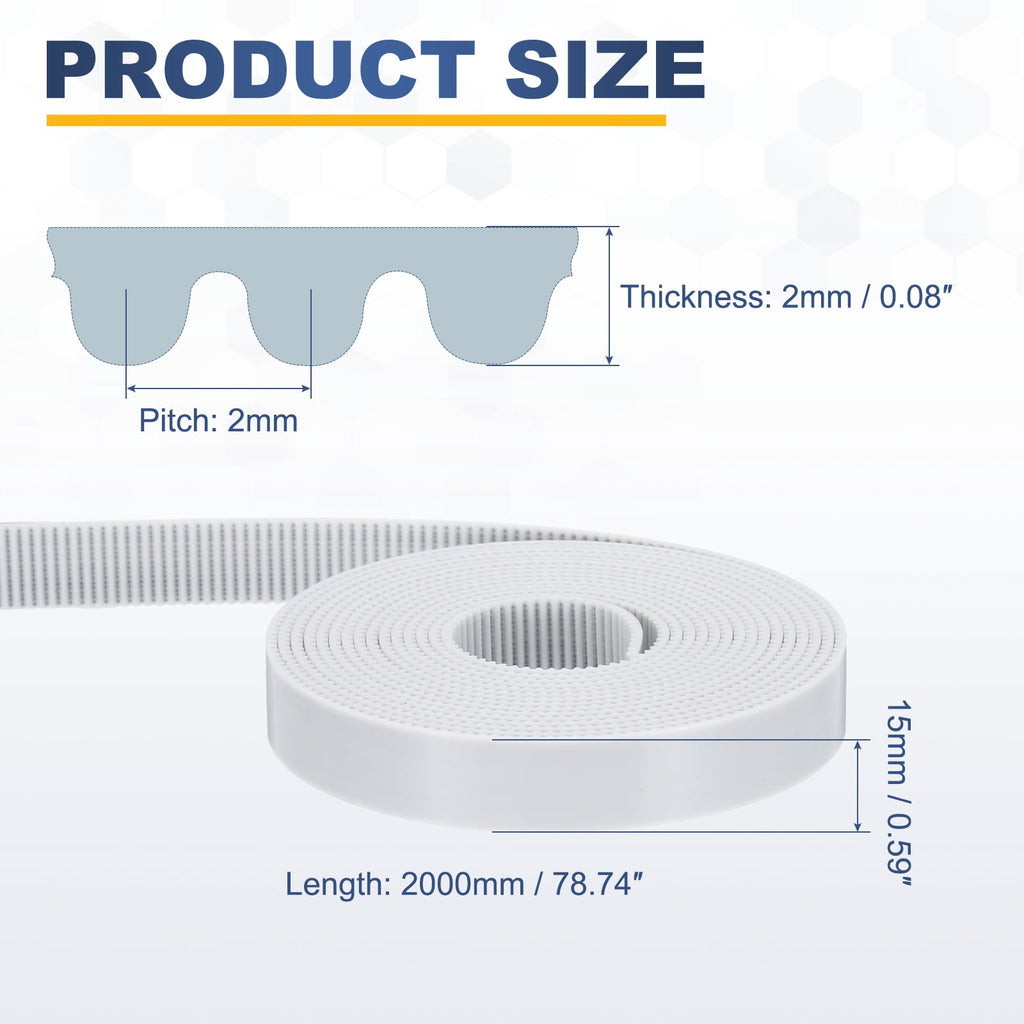 Uxcell Polyurethane PU Steel Cord 2GT Timing Belt 15x2000mm2mm Pitch 2mm Thick White Open Loop Pulley Timing Belt for 3D Printer