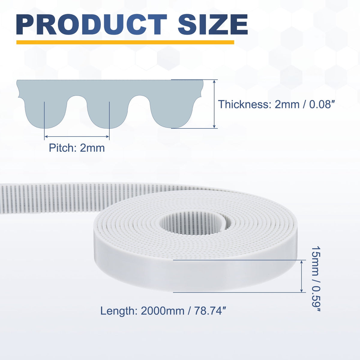 Uxcell Polyurethane PU Steel Cord 2GT Timing Belt 15x2000mm2mm Pitch 2mm Thick White Open Loop Pulley Timing Belt for 3D Printer