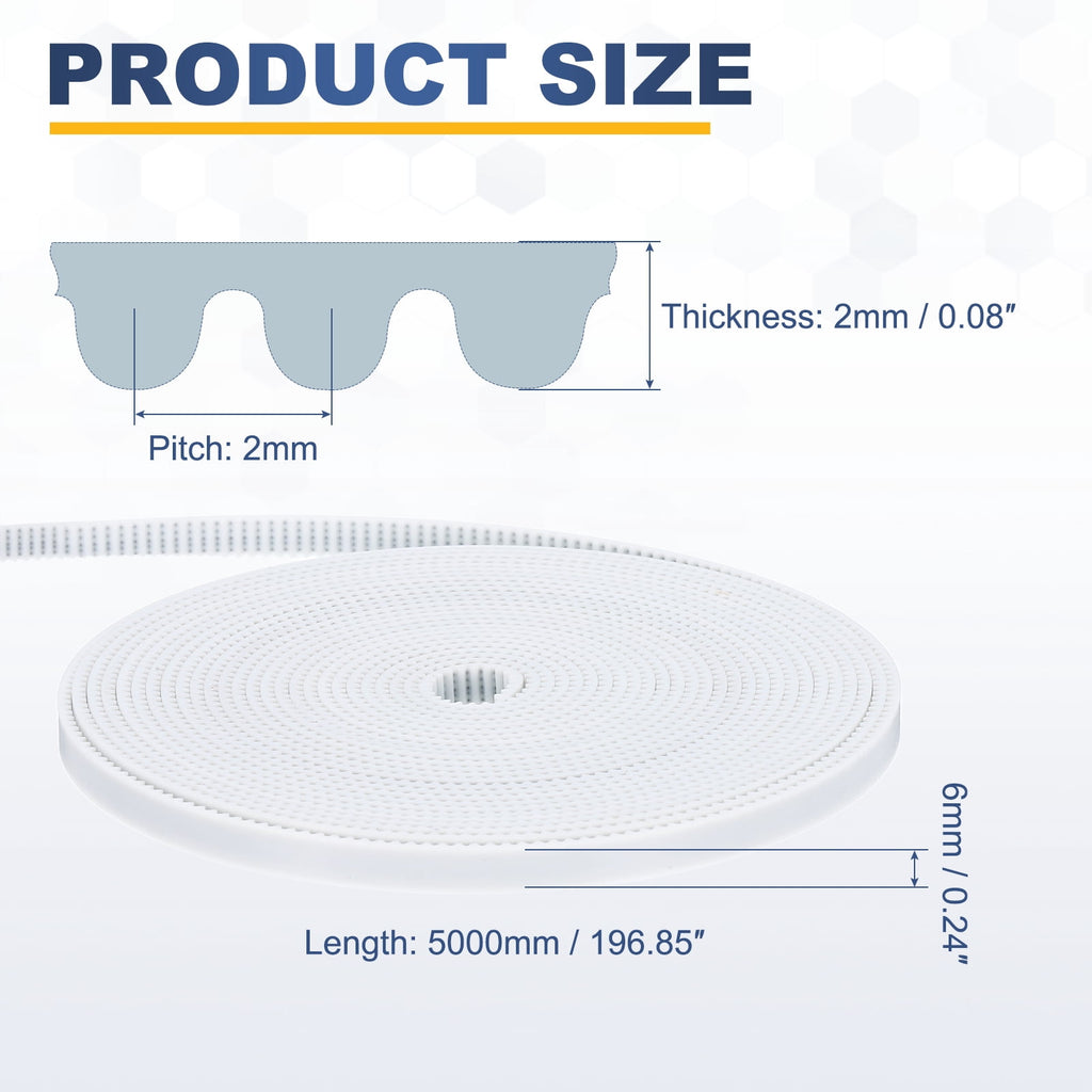 Uxcell Polyurethane PU Steel Cord 2GT Timing Belt 6x5000mm2mm Pitch 2mm Thick White Open Loop Pulley Timing Belt for 3D Printer
